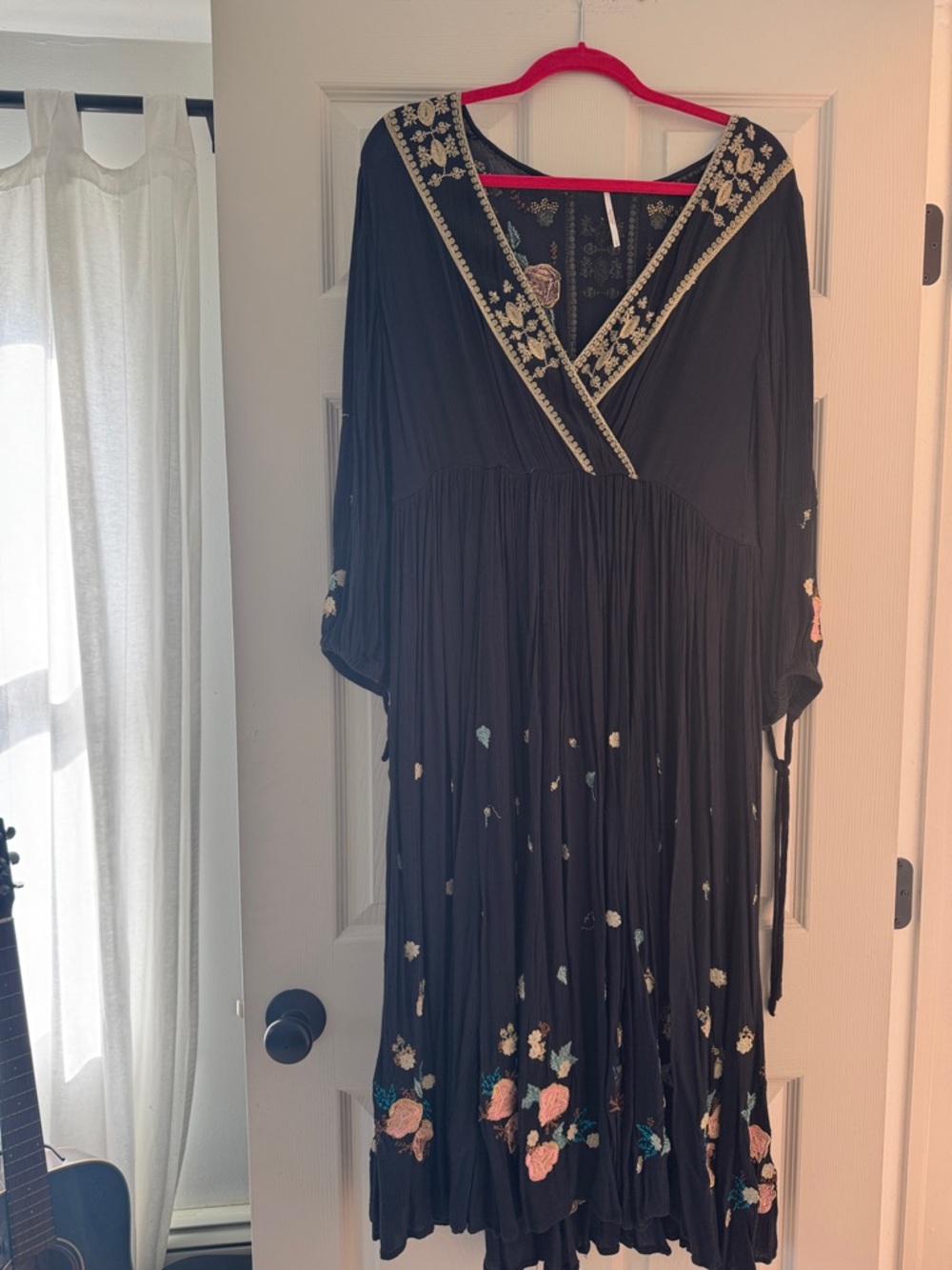 Navy Floral Embroidered V-Neck Women’s Dress